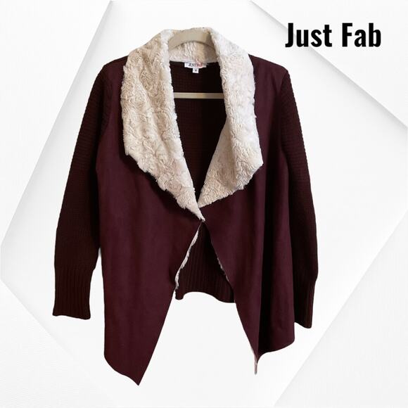 Just Fab Cardigan Women’s SZ M Burgundy Suede Faux Fur Collar Open Long Sleeve - Picture 4 of 9